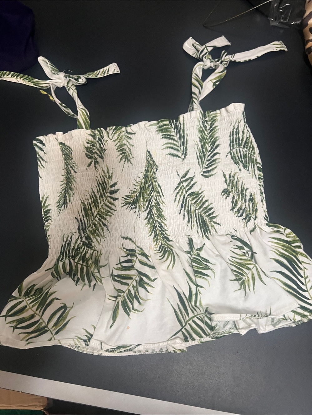 Peplum White/Green Leaf Print halter top. cute on adult medium but stretches